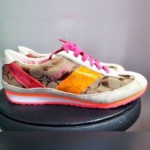 Women Coach Mae Khaki/Orange suede sneaker w/logo